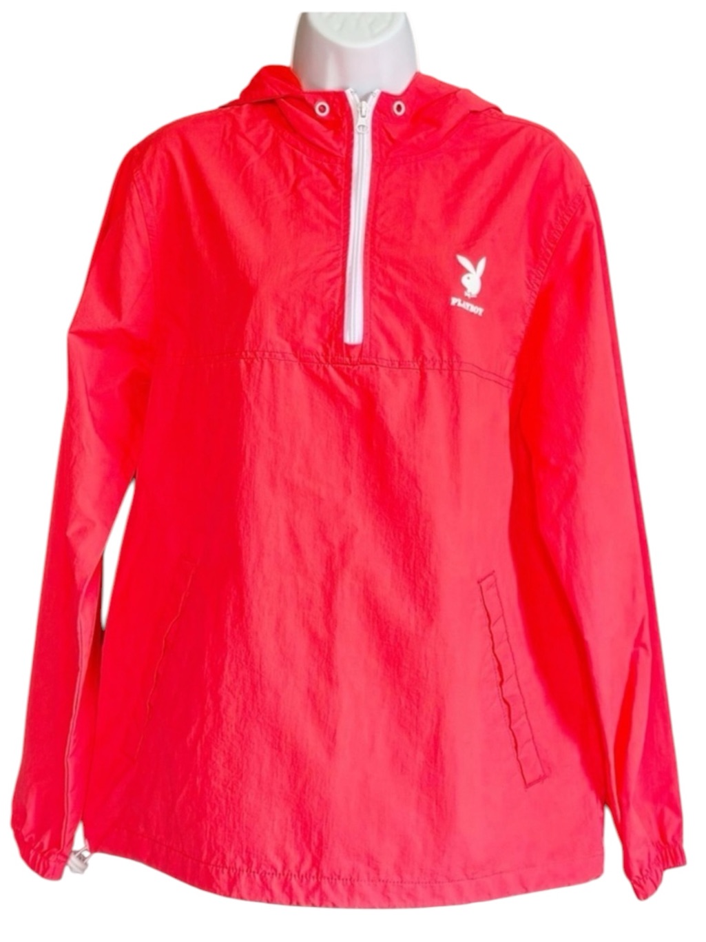 Playboy Pacsun Windbreaker Jacket Neon Red Pink Hooded Pullover Bunny Logo Small
